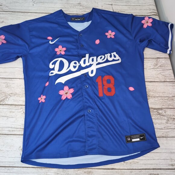 Nike Dodgers MLB Blue Sakura Flower Jersey #18 Button-Up – Men’s L - Picture 1 of 8